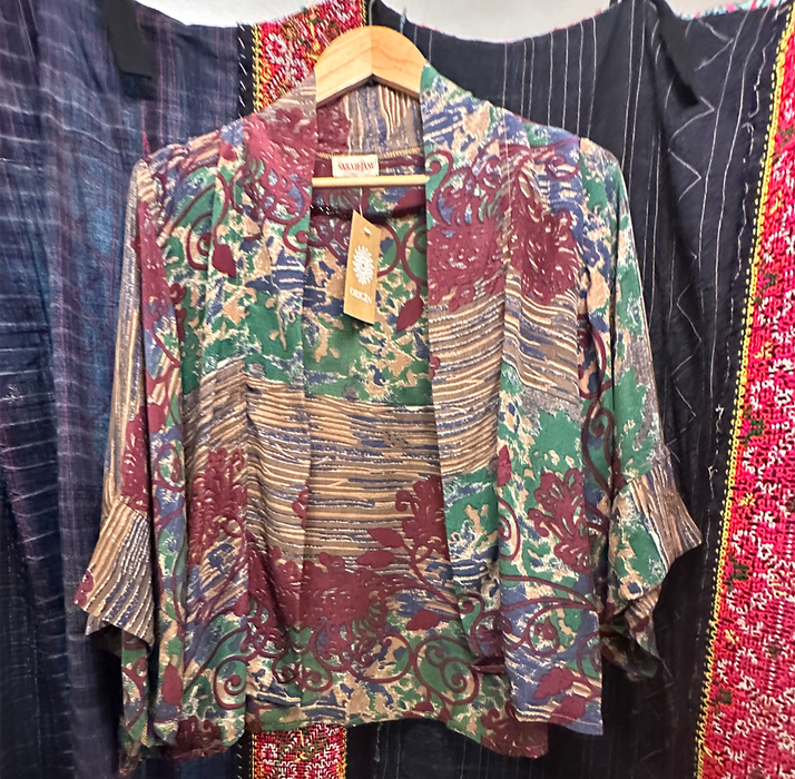 Upcycled Vintage Silk Short Kimono - Poppy