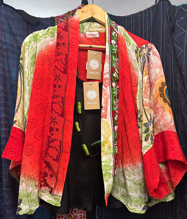 Upcycled Vintage Silk Short Kimono - Poppy