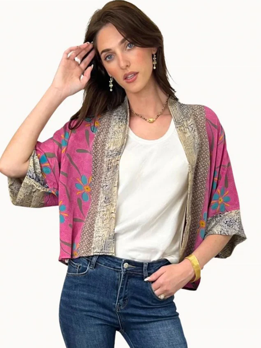 Upcycled Vintage Silk Short Kimono - Poppy
