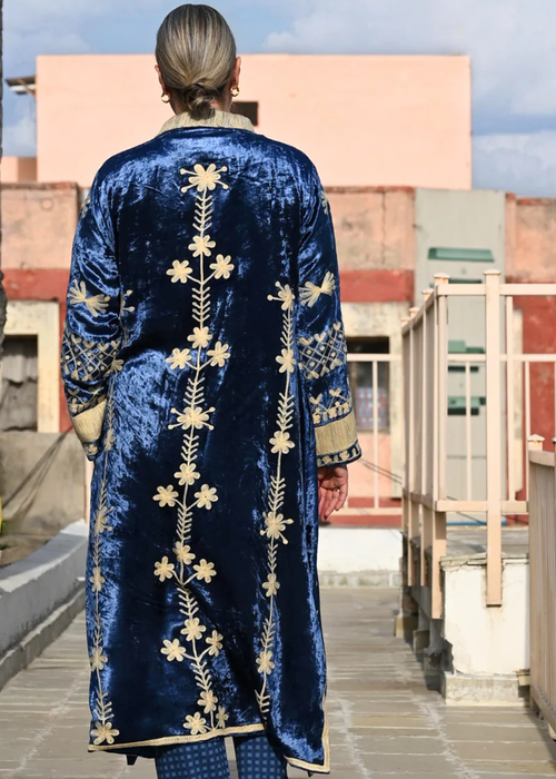 Lavanya Embroidered Silk Velvet Long Coat in Blue & Cream By Origen Imports