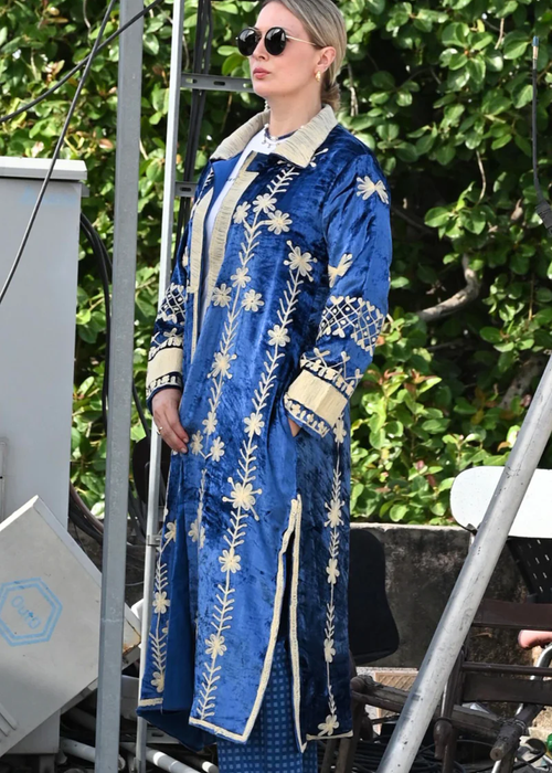 Lavanya Embroidered Silk Velvet Long Coat in Blue & Cream By Origen Imports