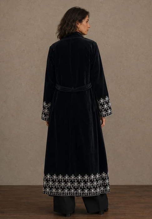 Embroidered Velvet Long Coat - Black