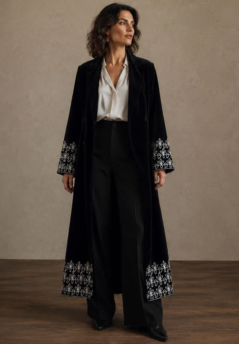 Embroidered Velvet Long Coat - Black