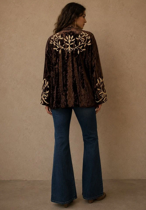 Velvet Embroidered Kimono Jacket -  Black