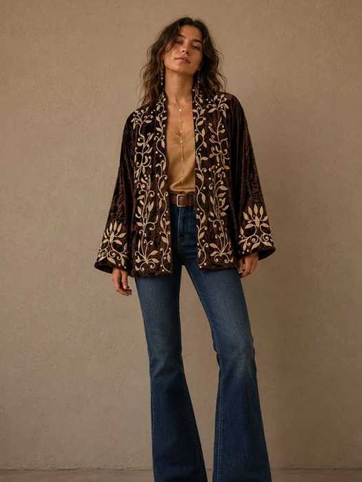 Velvet Embroidered Kimono Jacket -  Black