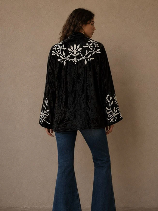 Velvet Embroidered Kimono Jacket -  Black