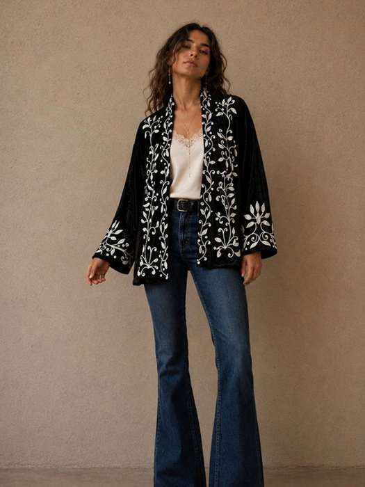 Velvet Embroidered Kimono Jacket -  Black