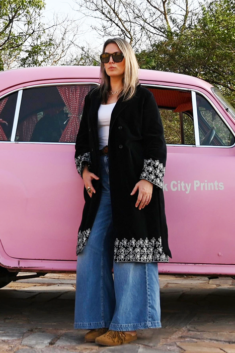 Embroidered Velvet Long Coat - Black