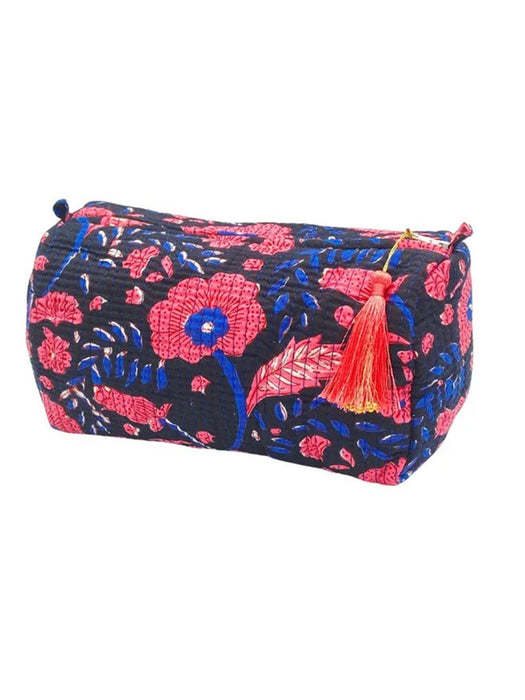 Cotton Quilted 3-Piece Travel Bag & Pouch Set – Black & Pink Floral