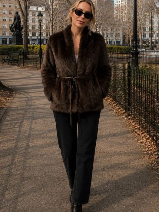 Hudson Faux Fur Jacket with Tie - Chocolate