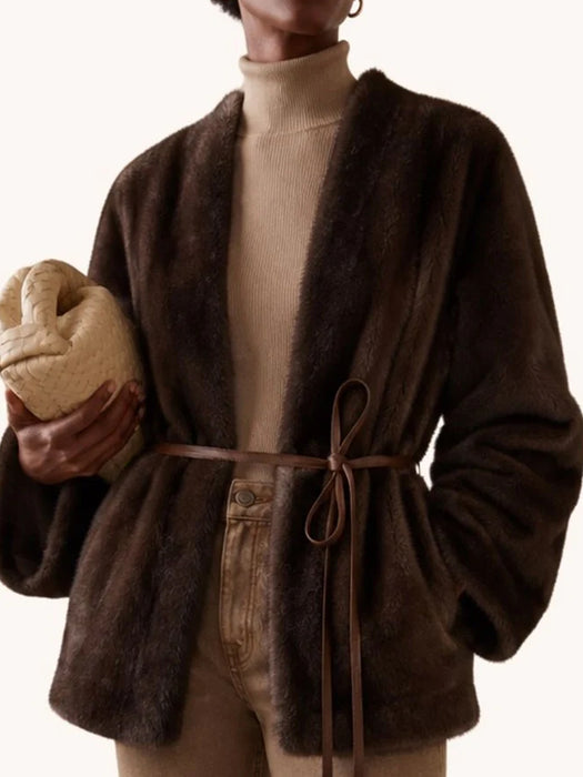 Hudson Faux Fur Jacket with Tie - Chocolate