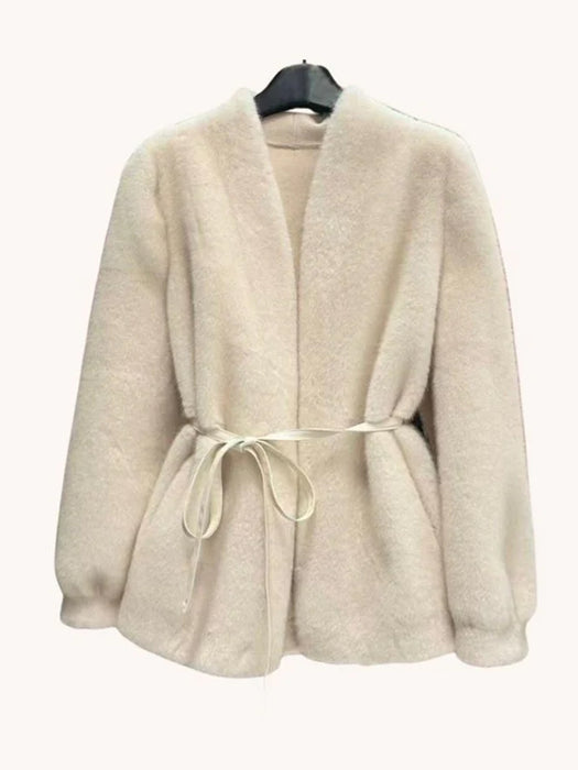 Hudson Faux Fur Jacket with Tie- Creamy Stone