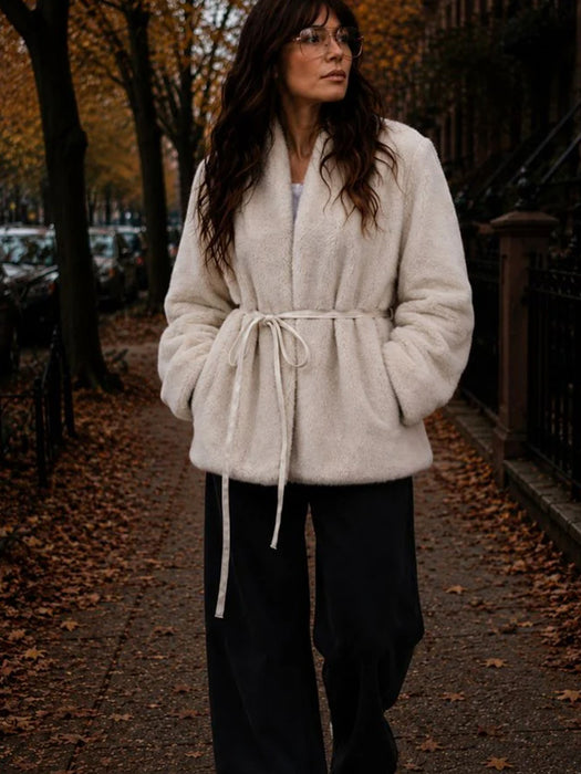 Hudson Faux Fur Jacket with Tie- Creamy Stone