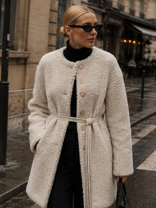 Luxe Collarless Faux Shearling Midi Coat