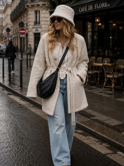 Luxe Collarless Faux Shearling Midi Coat
