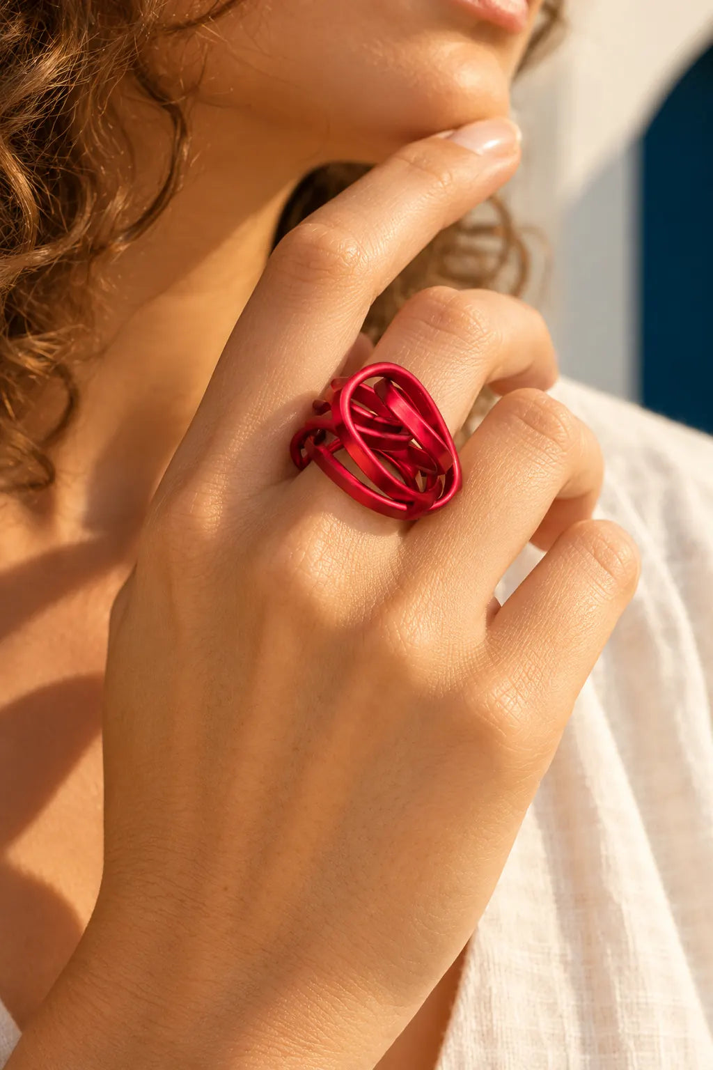 MONICA SCRUNCH RING by Monica Krexa, worn on a model, cream editorial hero