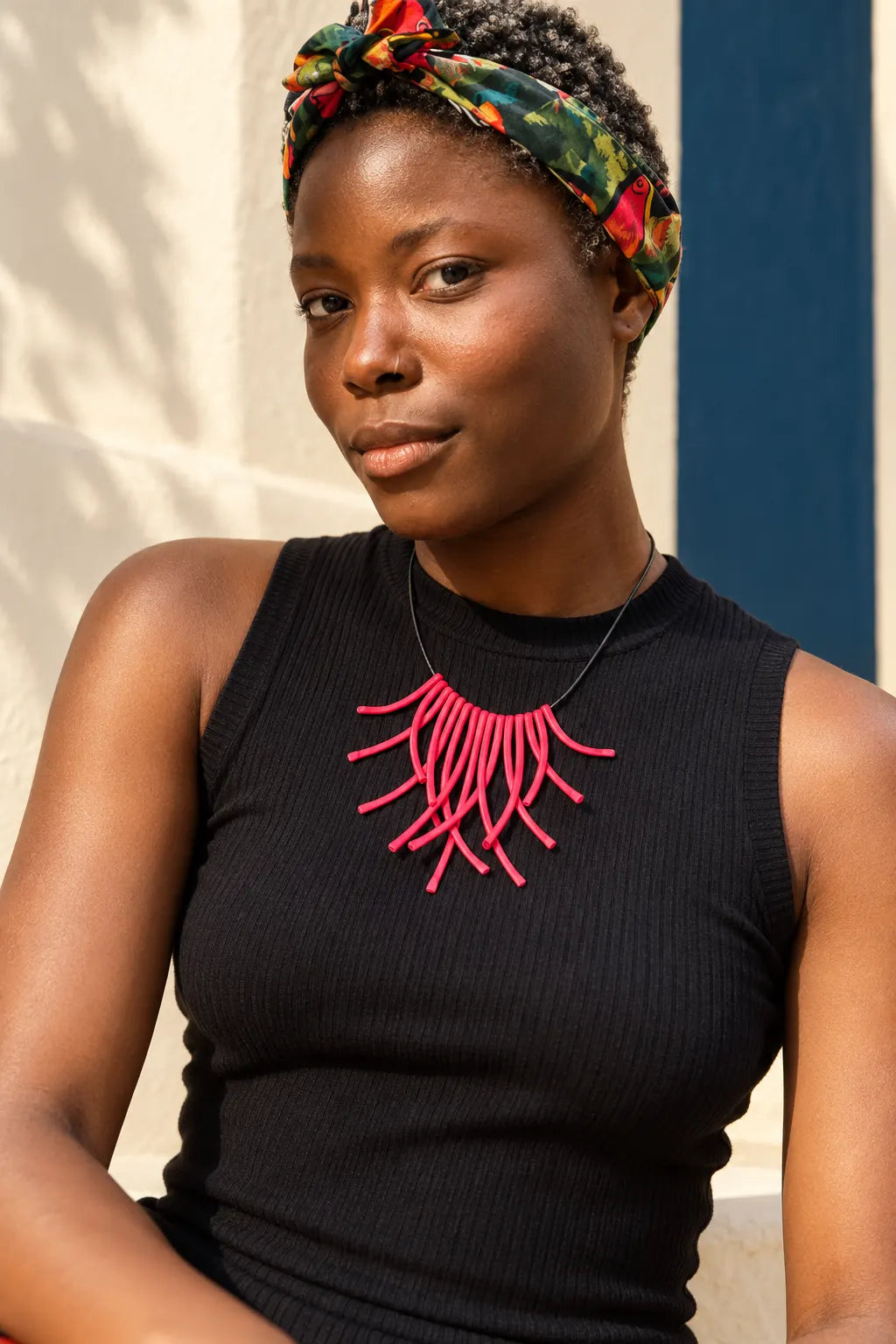MONICA STRAWS NECKLACE by Monica Krexa, worn on a model, cream editorial hero